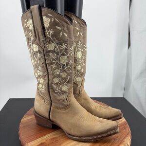 Tanner Mark Womens Leather Boots Turin 6 Light Brown Embroidered snip Pointy Toe